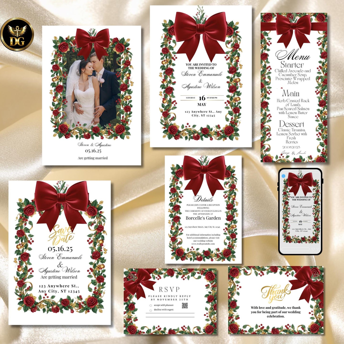 Burgundy Velvet & Berry Christmas Wedding Invites, Luxury 8-Piece Canva Template, Editable Holiday Marriage Invitation Suite with Tassel