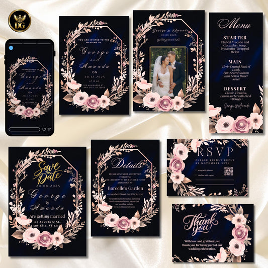 Dusty Pink & Navy Wedding BUNDLE | Floral Invitation, Save Date, Photo Card, Menu, Details, Thank You, RSVP | Editable Canva Template