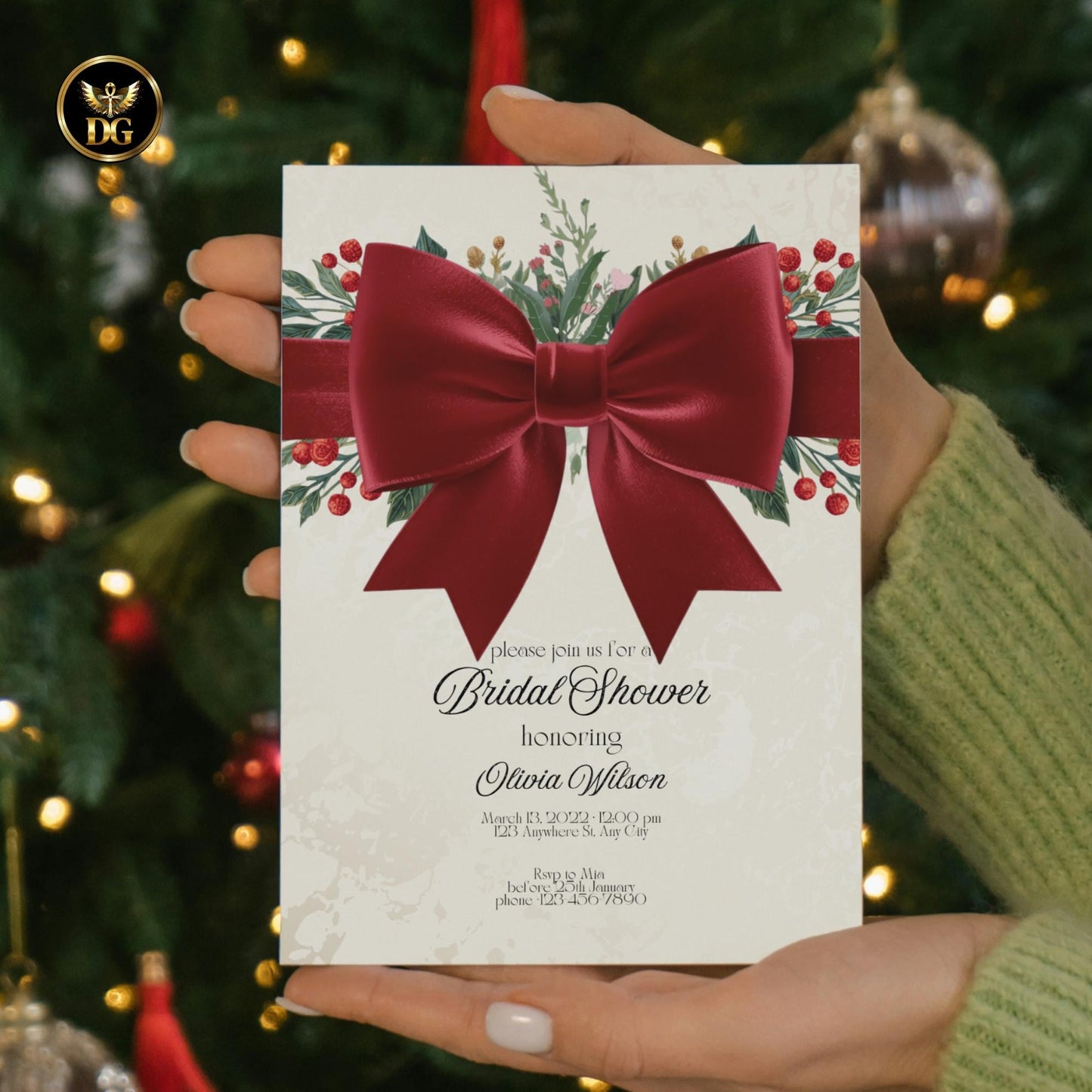 Christmas Bridal Shower Invitation Bundle | Cream Gold & Velvet Red Bow | Holiday Berry Theme Editable Canva Template Winter Wedding Invite