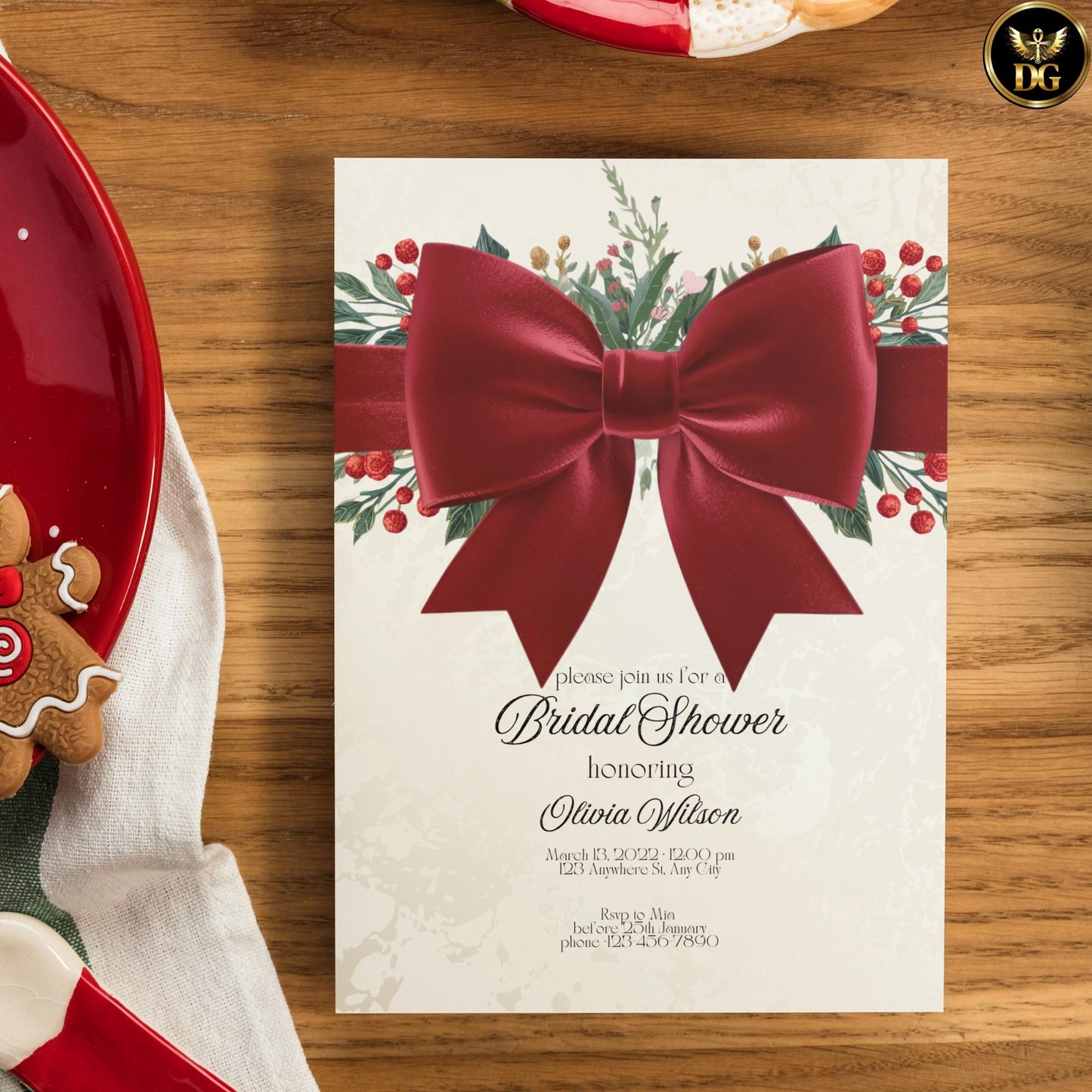 Christmas Bridal Shower Invitation Bundle | Cream Gold & Velvet Red Bow | Holiday Berry Theme Editable Canva Template Winter Wedding Invite