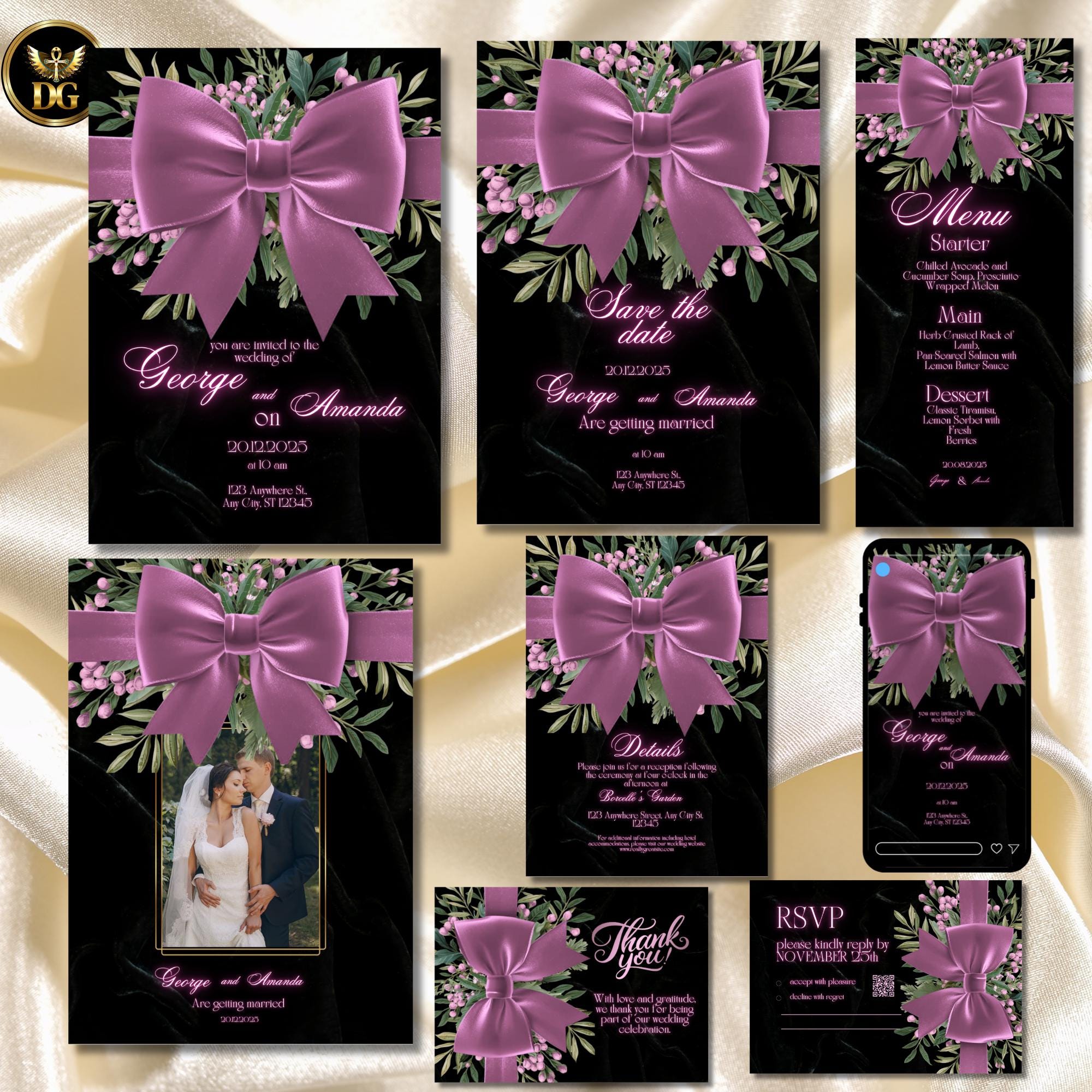 Black Velvet Wedding Invitation Suite | Luxury Purple Berry & Velvet Bow Canva Templates | Elegant Editable 8-Piece Invitation Bundle