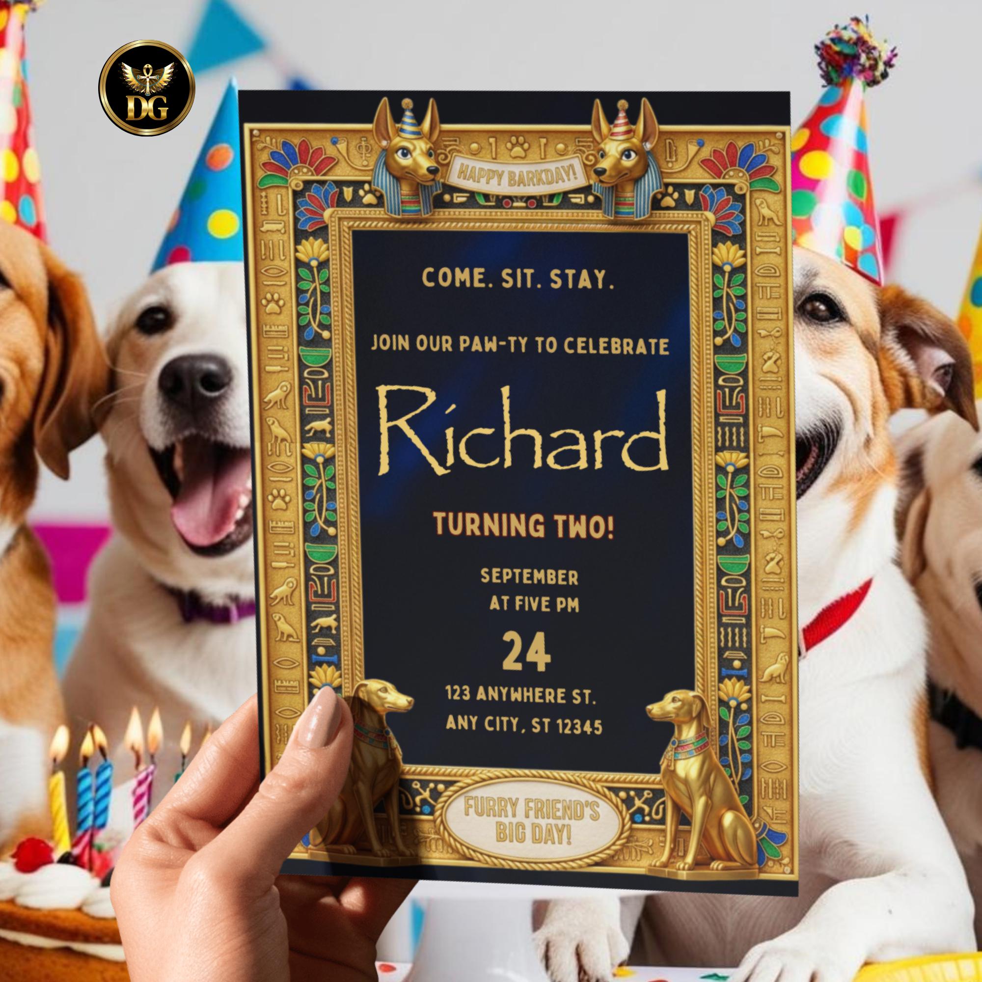 Anubis -Guarded Royal Egyptian Barkday Invitation – Luxury Pharaoh-Themed Puppy Party Template