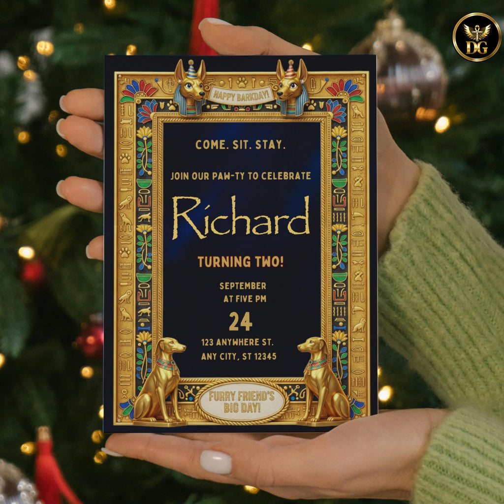 Anubis -Guarded Royal Egyptian Barkday Invitation – Luxury Pharaoh-Themed Puppy Party Template