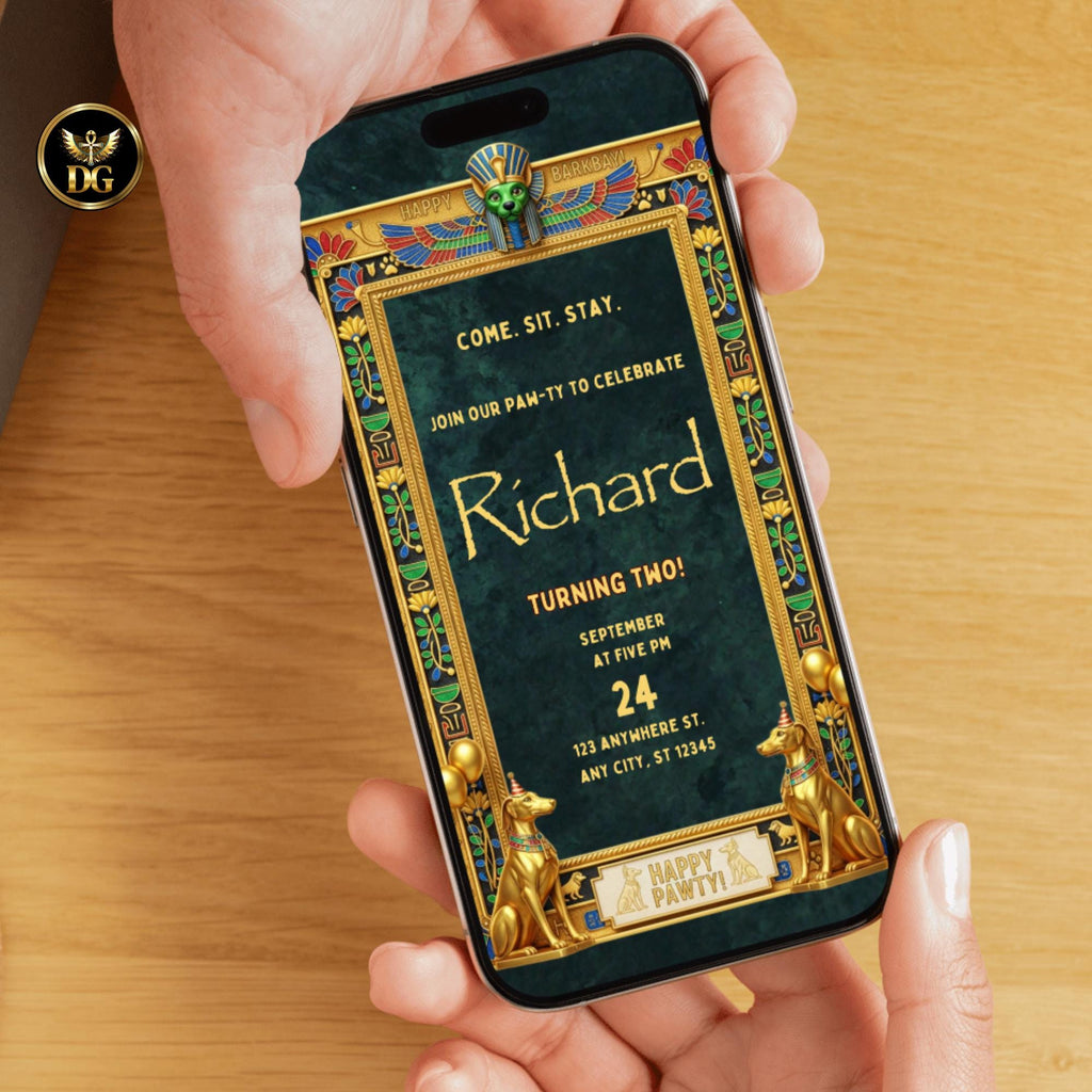 Anubis Egyptian Dog Birthday Invitation – Emerald Velvet Royal Barkday Digital Template | Luxury Pharaoh Puppy Party Invite