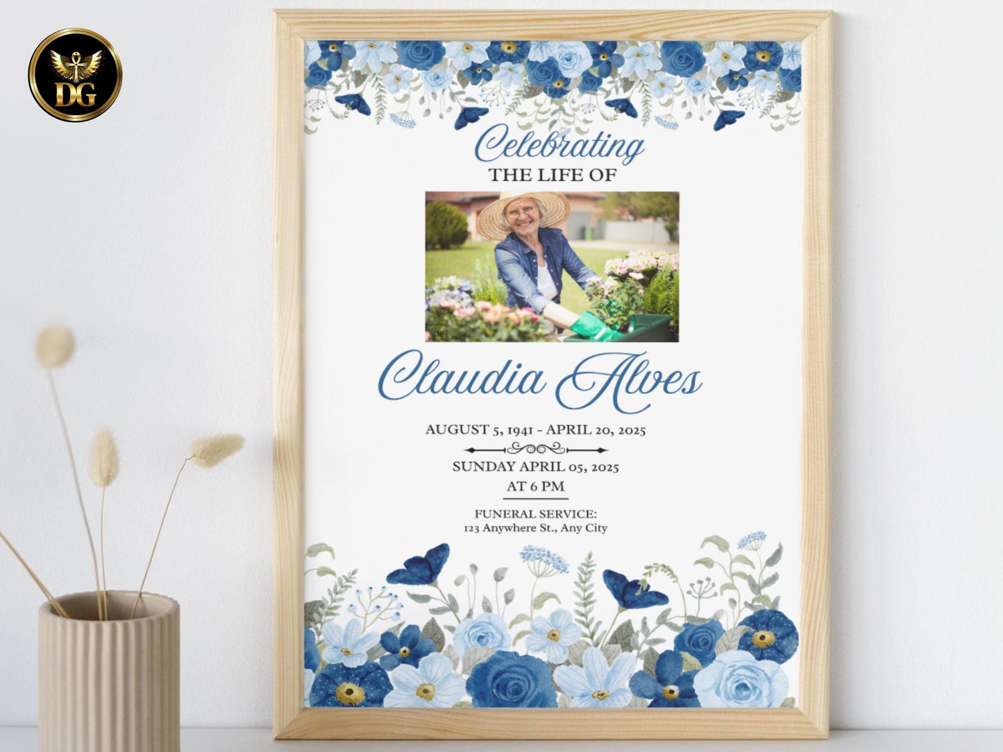 Blue Floral Funeral Invitation Template, Memorial Service Announcement, Editable Canva Funeral Card Celebration of Life Invite Photo Funeral