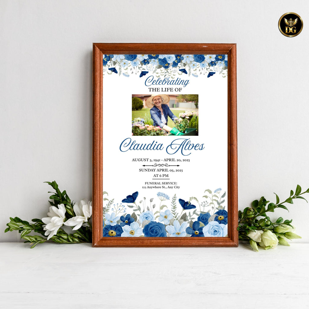 Blue Floral Funeral Invitation Template, Memorial Service Announcement, Editable Canva Funeral Card Celebration of Life Invite Photo Funeral