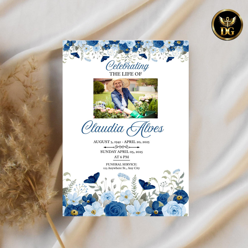 Blue Floral Funeral Invitation Template, Memorial Service Announcement, Editable Canva Funeral Card Celebration of Life Invite Photo Funeral