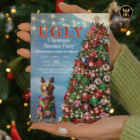 Ugly Christmas Sweater Party Invitation Template - Editable Digital Download - Holiday Party Invite - Christmas Dog Design