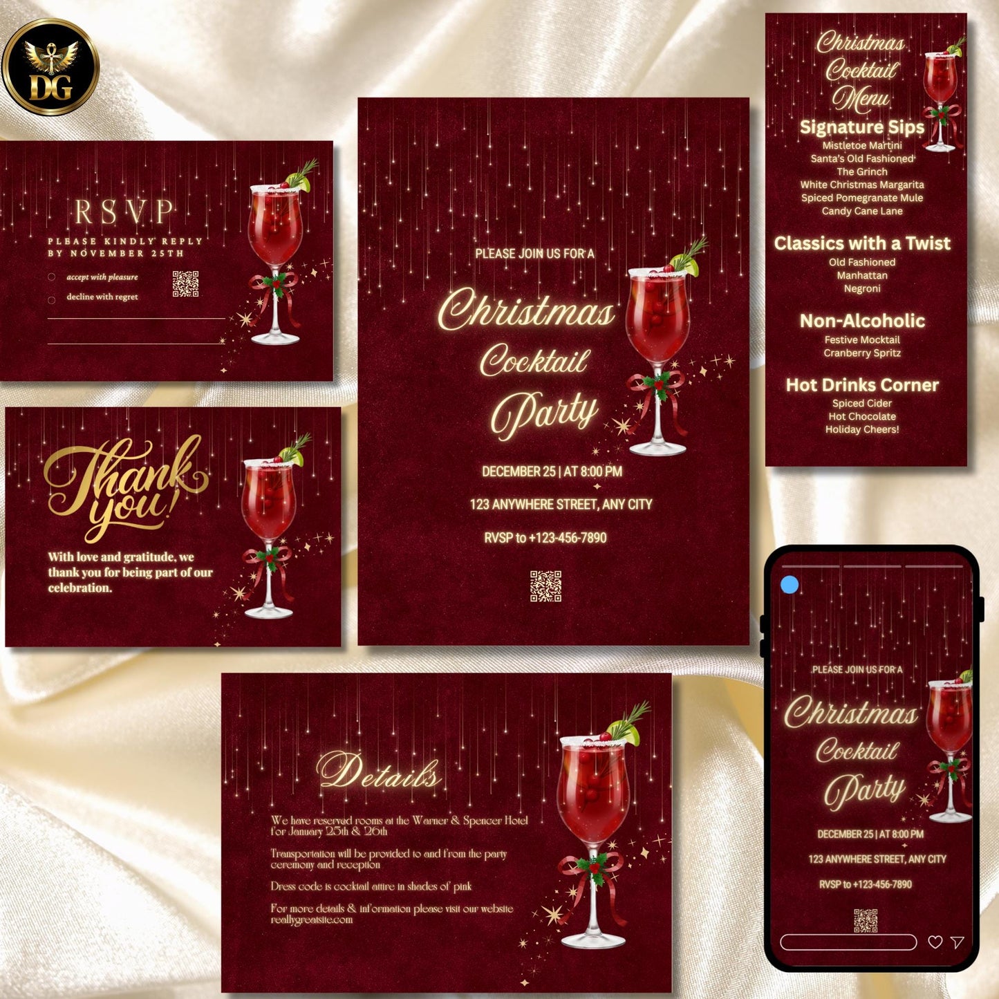 Burgundy Crimson Velvet & Golden Sparkle Cocktail Party Invitation bundle | Luxury Christmas Canva Template for Elegant Holiday Celebration