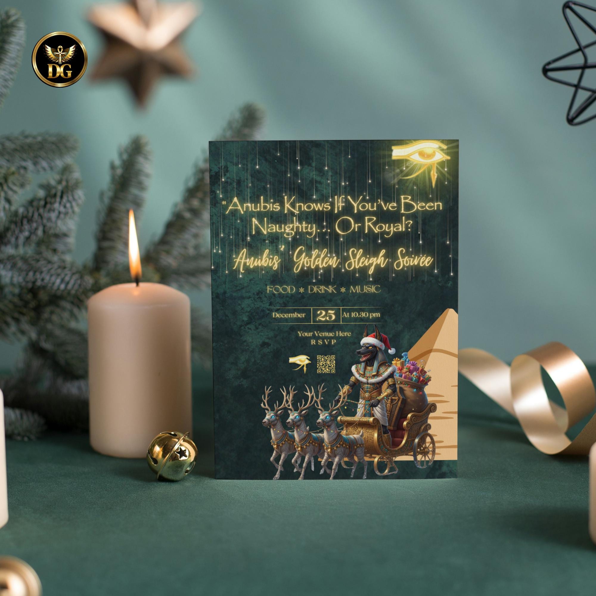 Anubis’ Golden Sleigh Soirée Egyptian Mythical Christmas Party Invitation Emerald Gold Digital Template Animated Canva Pro Version Available