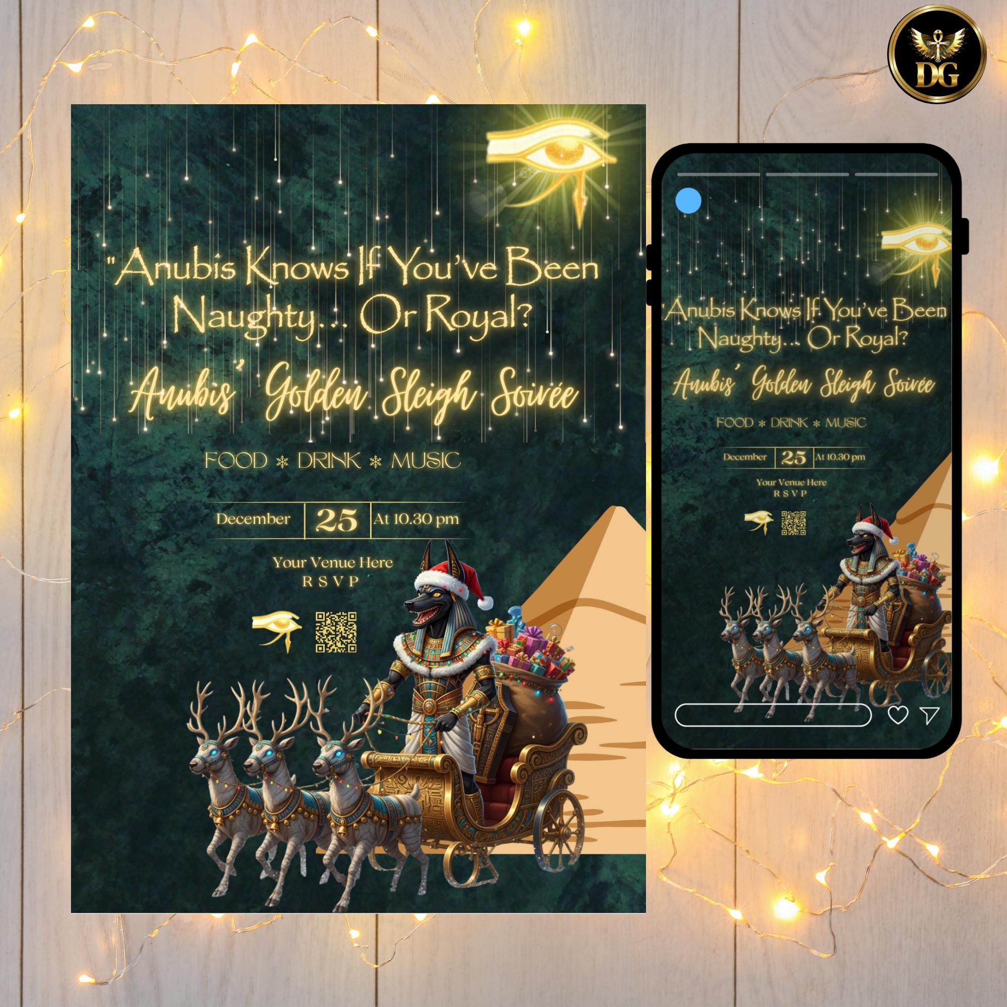 Anubis’ Golden Sleigh Soirée Egyptian Mythical Christmas Party Invitation Emerald Gold Digital Template Animated Canva Pro Version Available