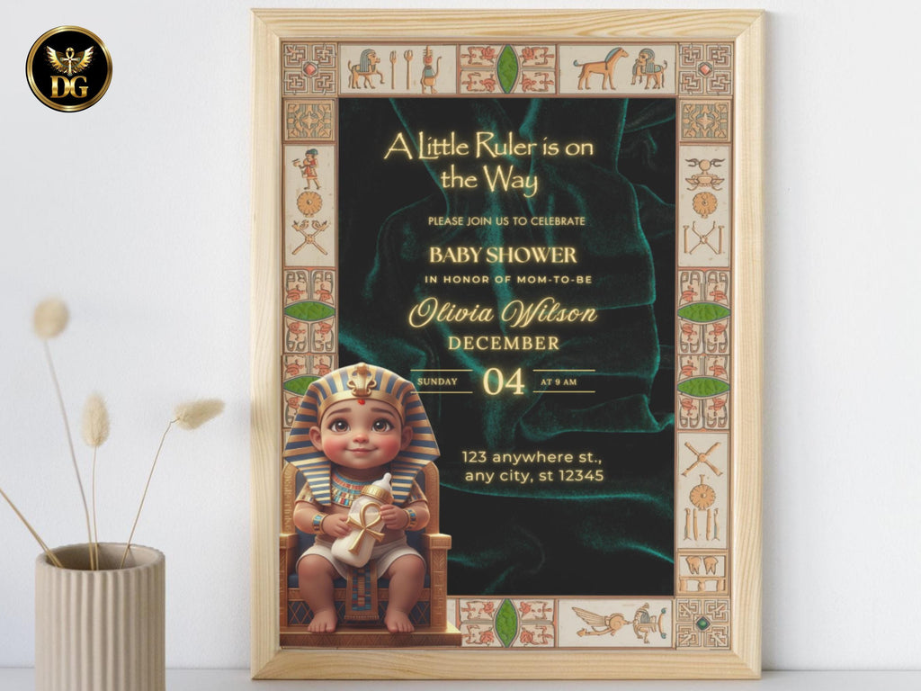 A Little Ruler Baby Shower | Royal Egyptian Pharaoh Invitation Suite, Emerald velvet Gold Theme, Digital & Printable"