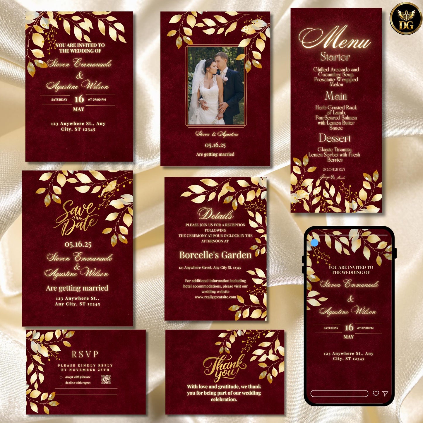 Burgundy Maroon Velvet, Gold Leaf Wedding Invitation Suite 8-Piece Canva Template Bundle | Luxury Digital & Printable Wedding Stationery Set