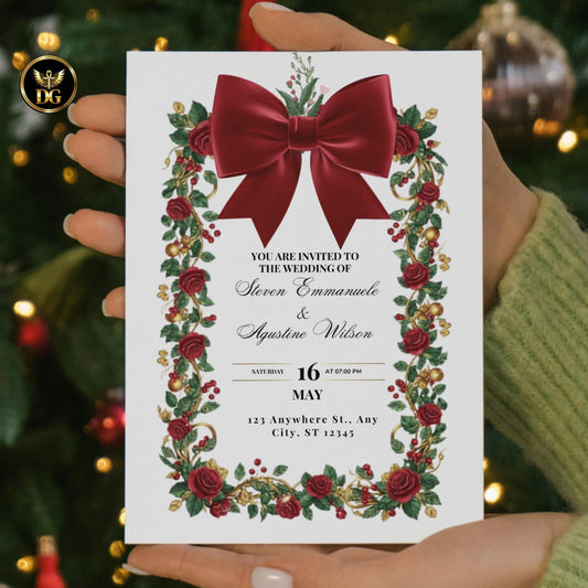 Burgundy Velvet & Berry Christmas Wedding Invites, Luxury 8-Piece Canva Template, Editable Holiday Marriage Invitation Suite with Tassel