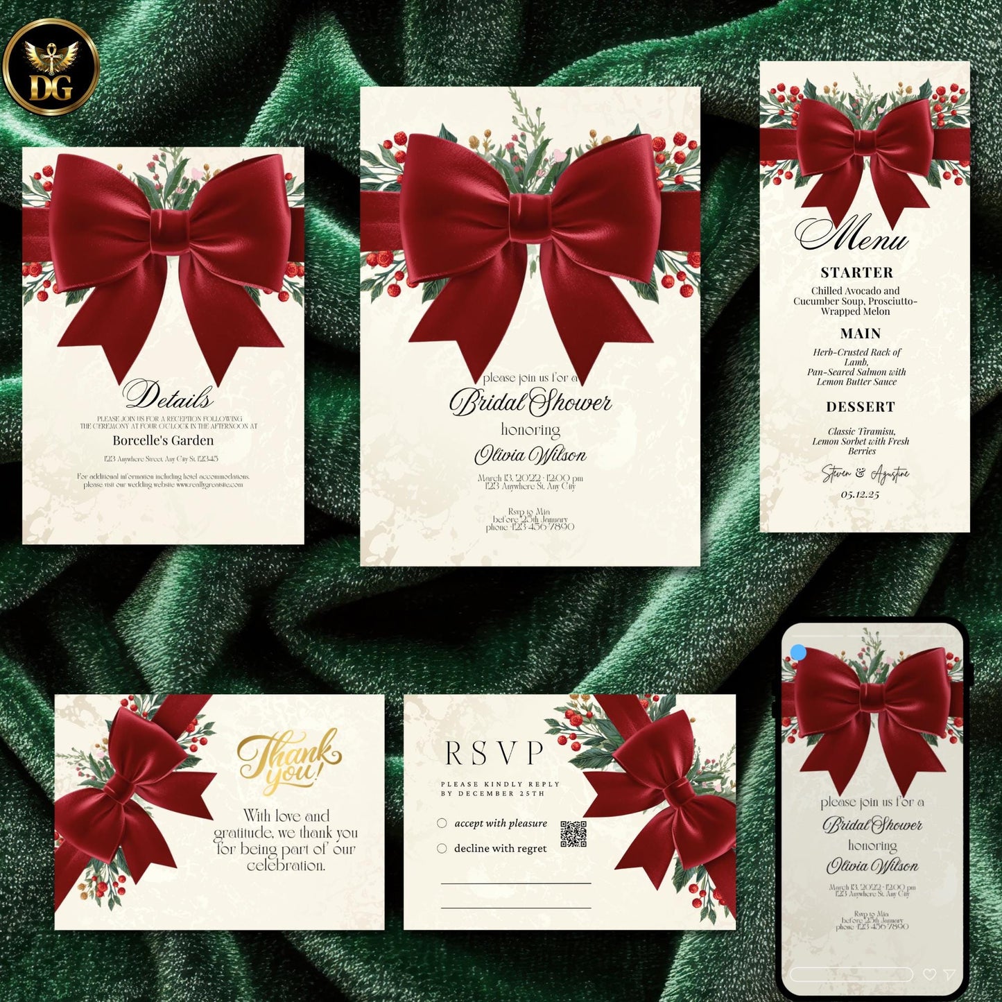 Christmas Bridal Shower Invitation Bundle | Cream Gold & Velvet Red Bow | Holiday Berry Theme Editable Canva Template Winter Wedding Invite