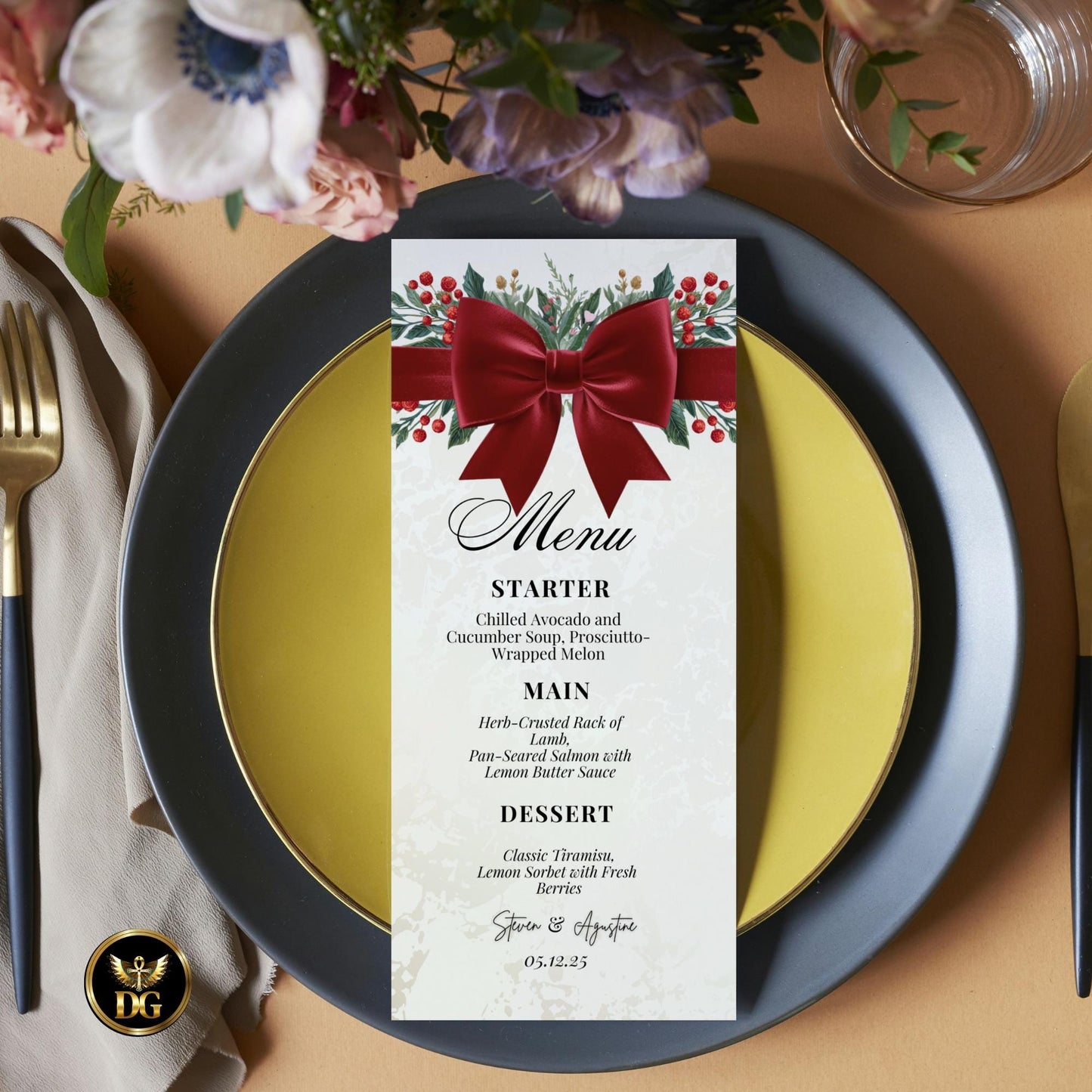 Christmas Bridal Shower Invitation Bundle | Cream Gold & Velvet Red Bow | Holiday Berry Theme Editable Canva Template Winter Wedding Invite