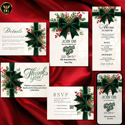 Christmas Eve Party Invitation Template Set, Elegant Green Bow & Gold Holiday Invite, Digital Download, Menu, RSVP, Thank You, Details Card