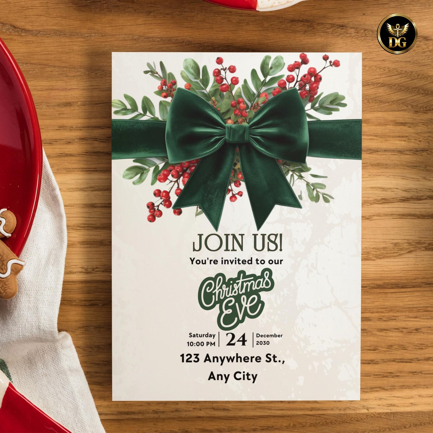 Christmas Eve Party Invitation Template Set, Elegant Green Bow & Gold Holiday Invite, Digital Download, Menu, RSVP, Thank You, Details Card