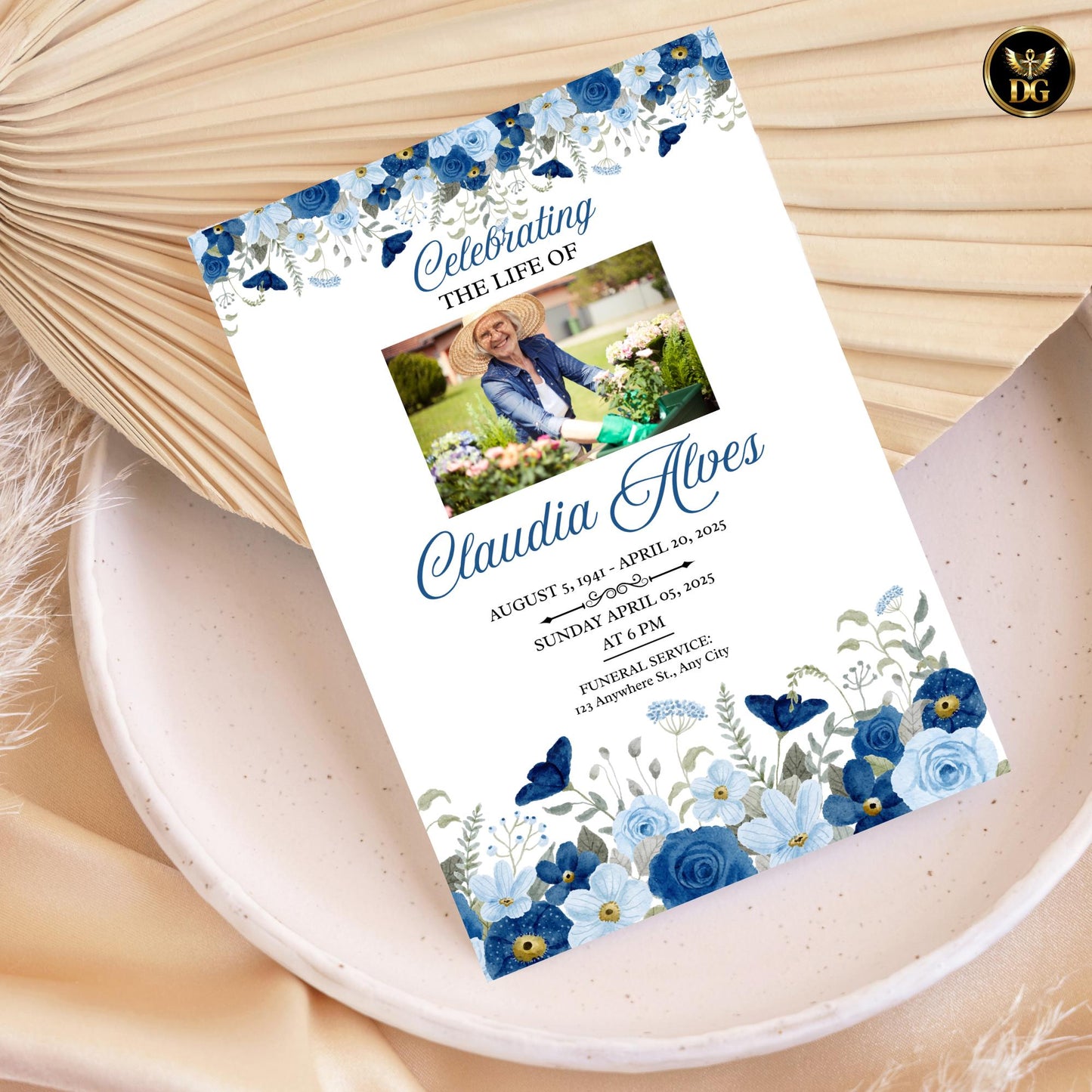 Blue Floral Funeral Invitation Template, Memorial Service Announcement, Editable Canva Funeral Card Celebration of Life Invite Photo Funeral