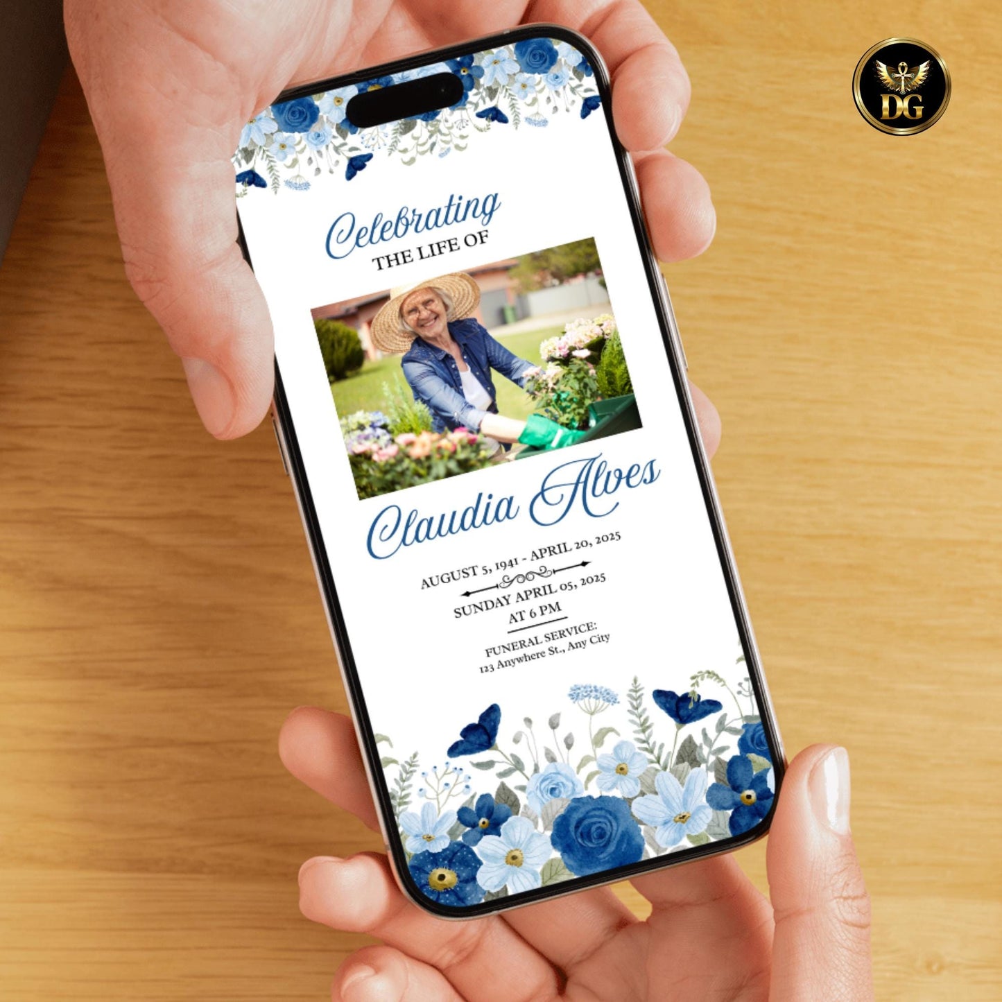 Blue Floral Funeral Invitation Template, Memorial Service Announcement, Editable Canva Funeral Card Celebration of Life Invite Photo Funeral
