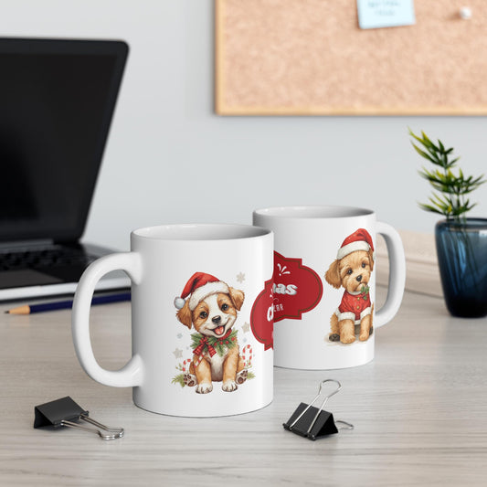 Cute Puppy in Santa Hat Mug | Merry Christmas Holiday Coffee Cup