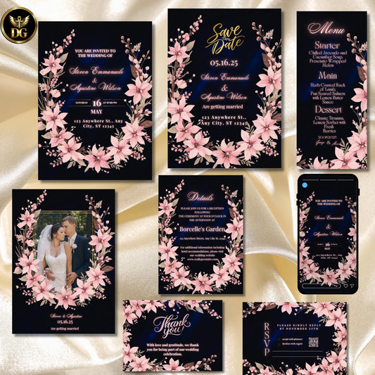 Dusty Pink & Navy Velvet Wedding Bundle | Christmas Poinsettia Floral Suite Editable Canva Invitation Set | Winter Holiday Wedding Templates