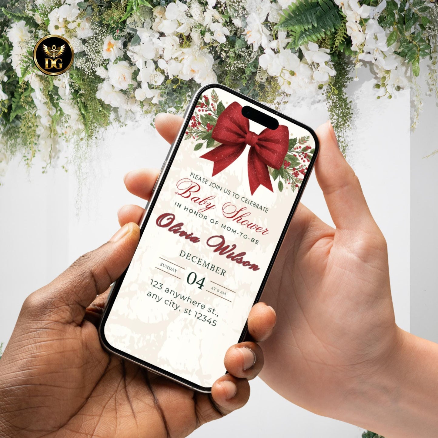 Christmas Baby Shower Invitation Luxe Velvet Red Bow Photo Space Evergreen Berries Cream Gold Tis the Season Little Bundle Printable Digital