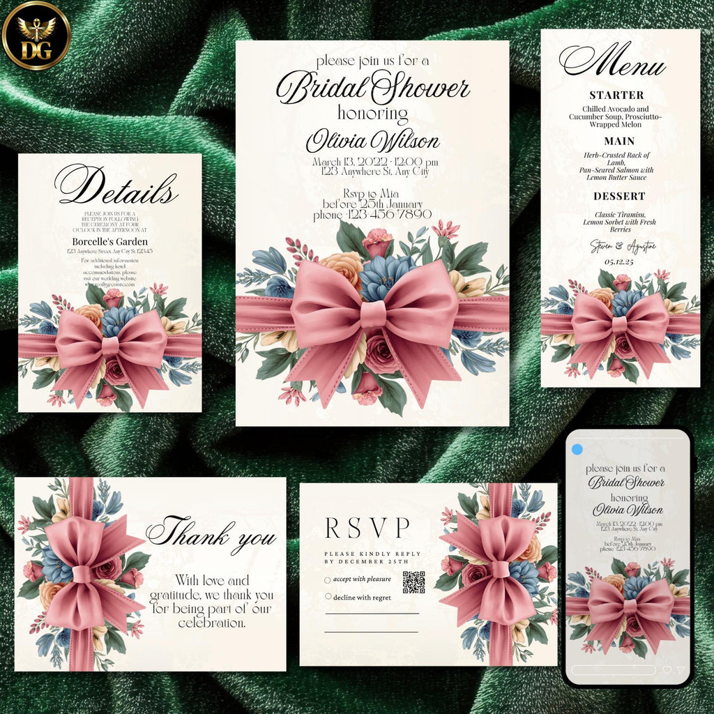 Blush Pink Bow Bridal Shower Invitation Bundle Cream Gold Floral Template | Editable Canva Wedding Shower Invite | Printable Stationery Set