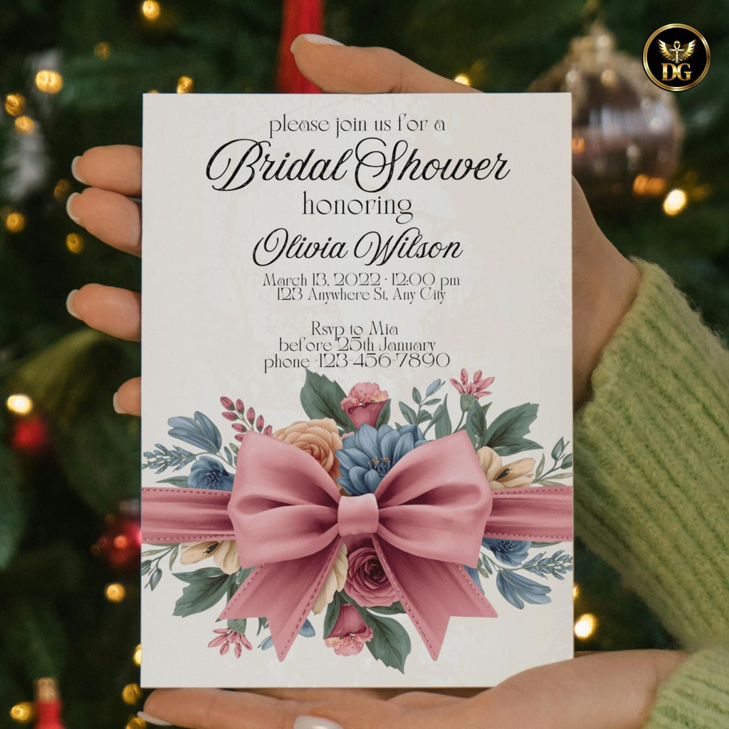 Blush Pink Bow Bridal Shower Invitation Bundle Cream Gold Floral Template | Editable Canva Wedding Shower Invite | Printable Stationery Set