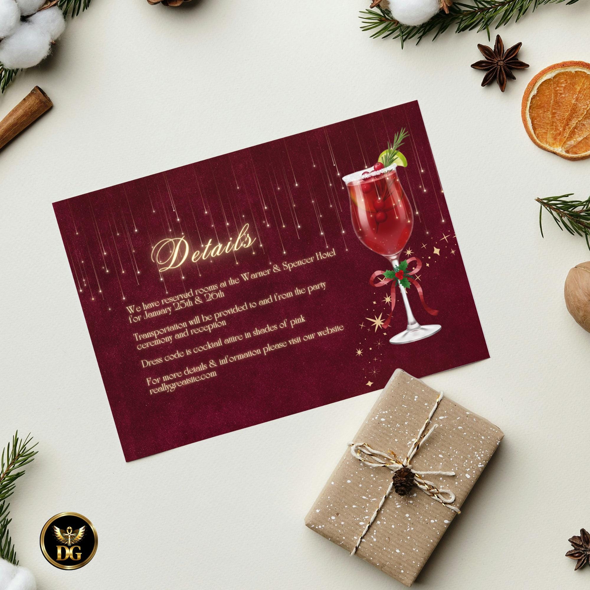 Burgundy Crimson Velvet & Golden Sparkle Cocktail Party Invitation bundle | Luxury Christmas Canva Template for Elegant Holiday Celebration