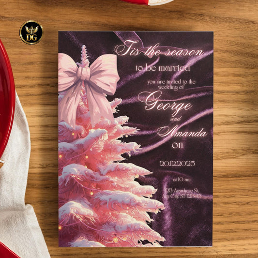 Deep Purple Velvet & Pink Christmas Tree Wedding Invitation Suite | Luxury Winter Wedding Canva Template | It’s Season to Be Married