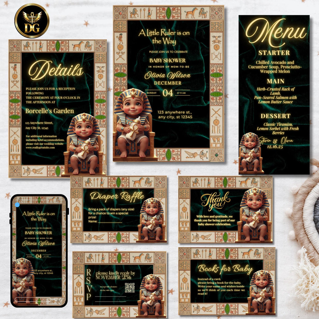 A Little Ruler Baby Shower | Royal Egyptian Pharaoh Invitation Suite, Emerald velvet Gold Theme, Digital & Printable"