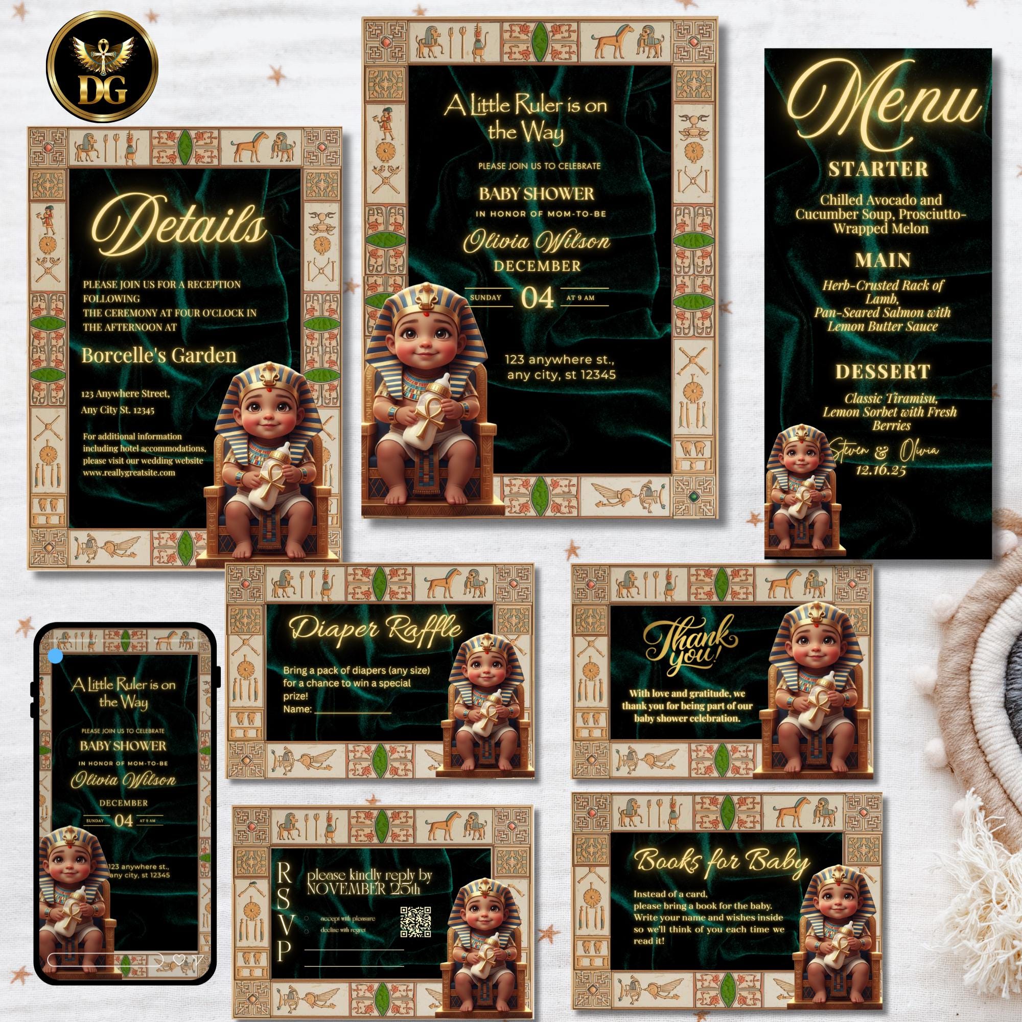 A Little Ruler Baby Shower | Royal Egyptian Pharaoh Invitation Suite, Emerald velvet Gold Theme, Digital & Printable"