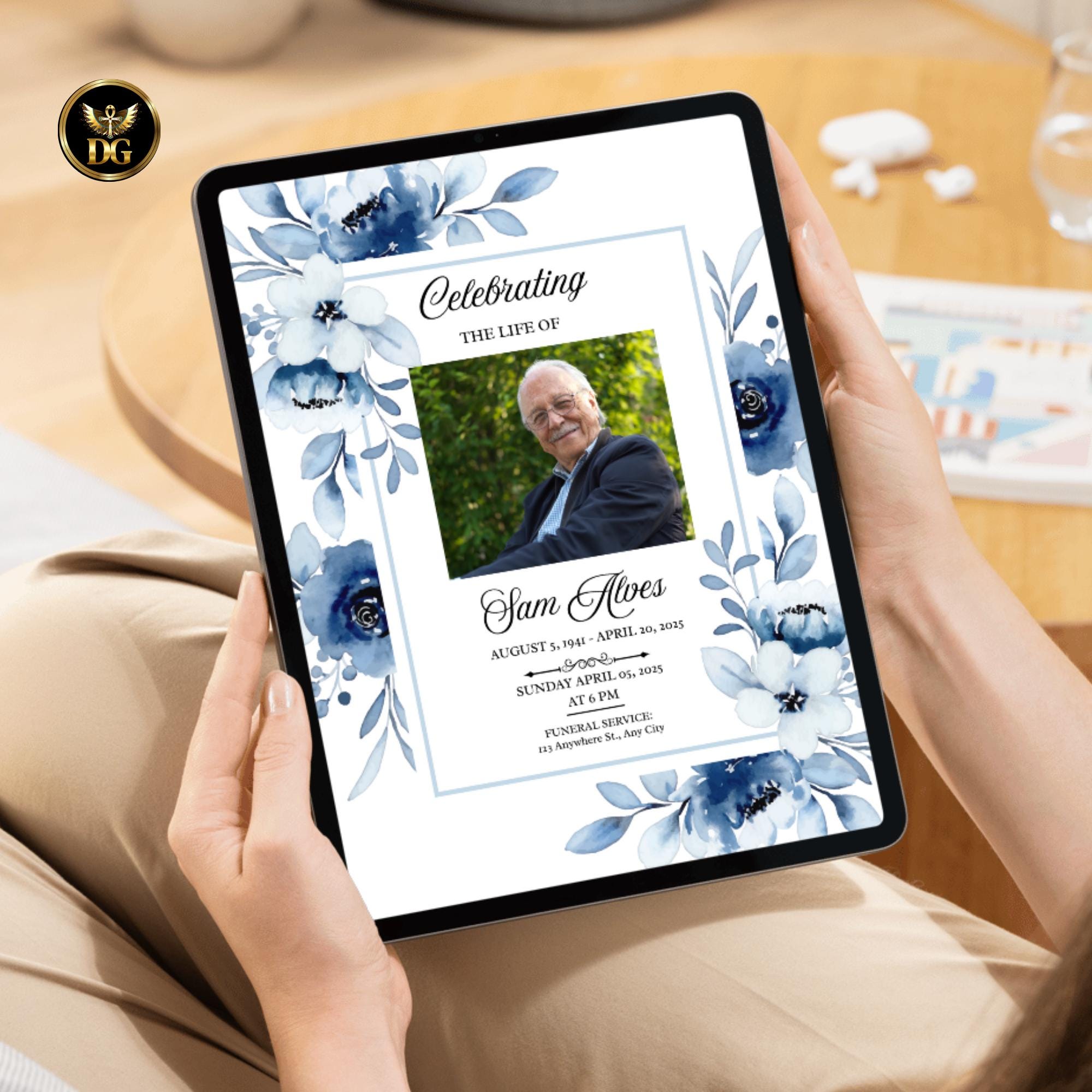 Blush Blue Floral Funeral Templates, Elegant Memorial Program, Sympathy Invitation, Celebration of Life, Editable Canva, Digital Download