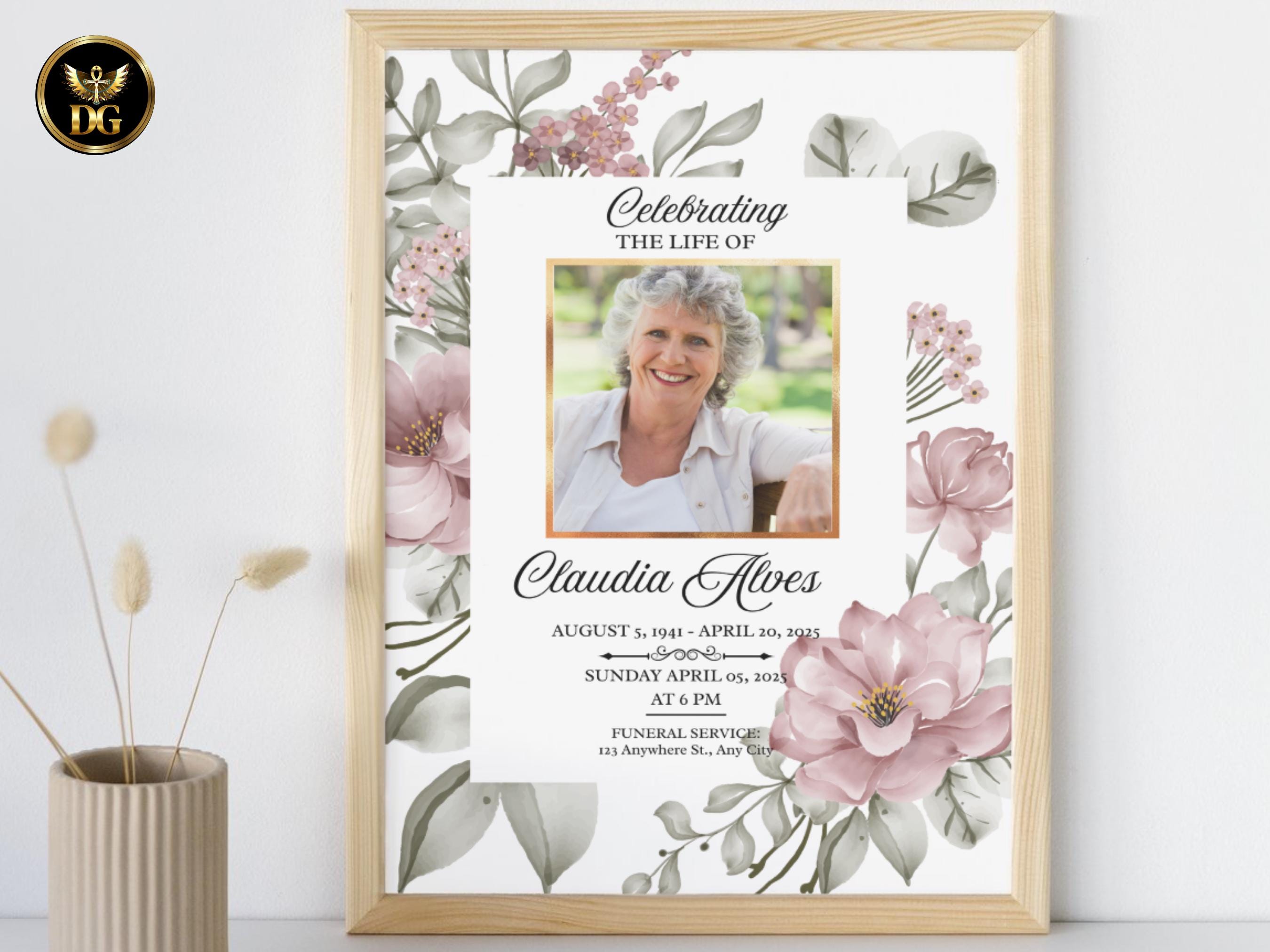 Blush Pink Floral Funeral Template, Elegant Memorial Program, Sympathy Invitation, Celebration of Life, Editable Canva, Digital Download