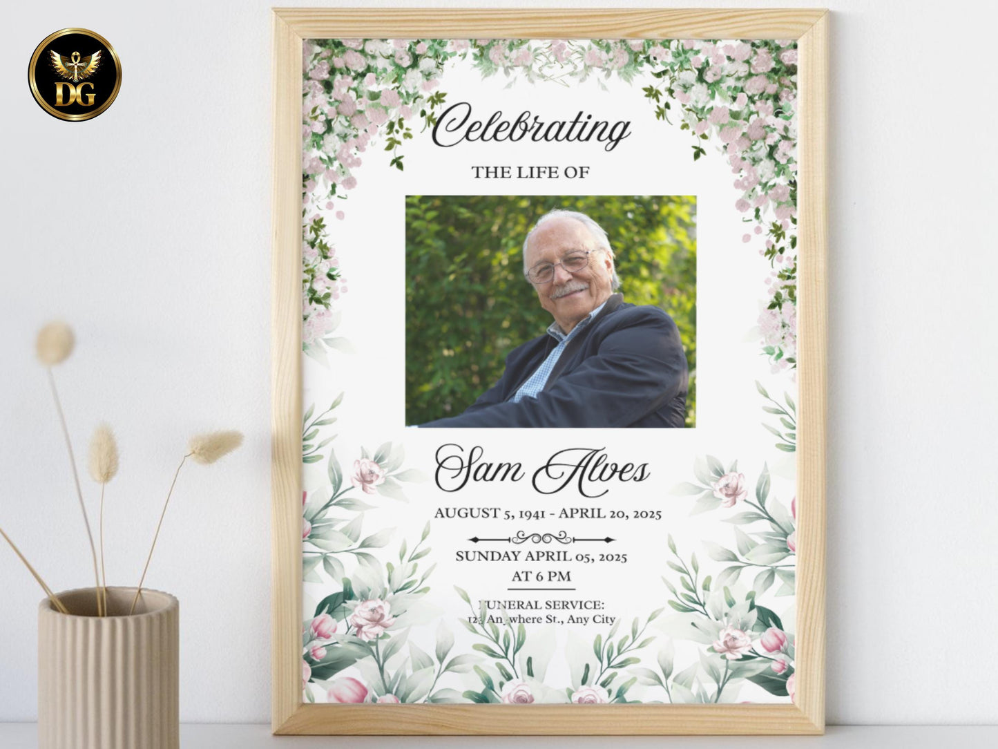 Blush Pink Rose Funeral Template, Elegant Memorial Program, Soft Floral Invitation, Celebration of Life, Editable Canva, Digital Download
