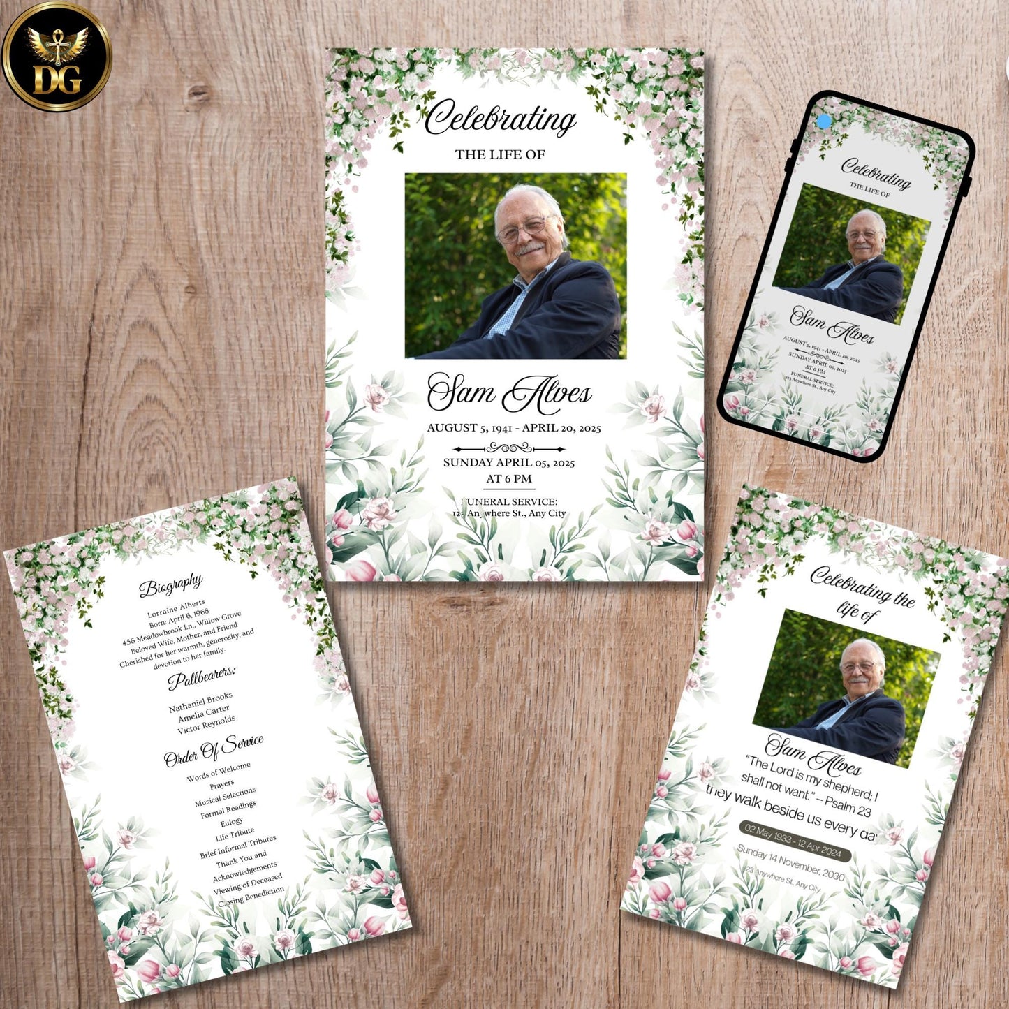Blush Pink Rose Funeral Template, Elegant Memorial Program, Soft Floral Invitation, Celebration of Life, Editable Canva, Digital Download