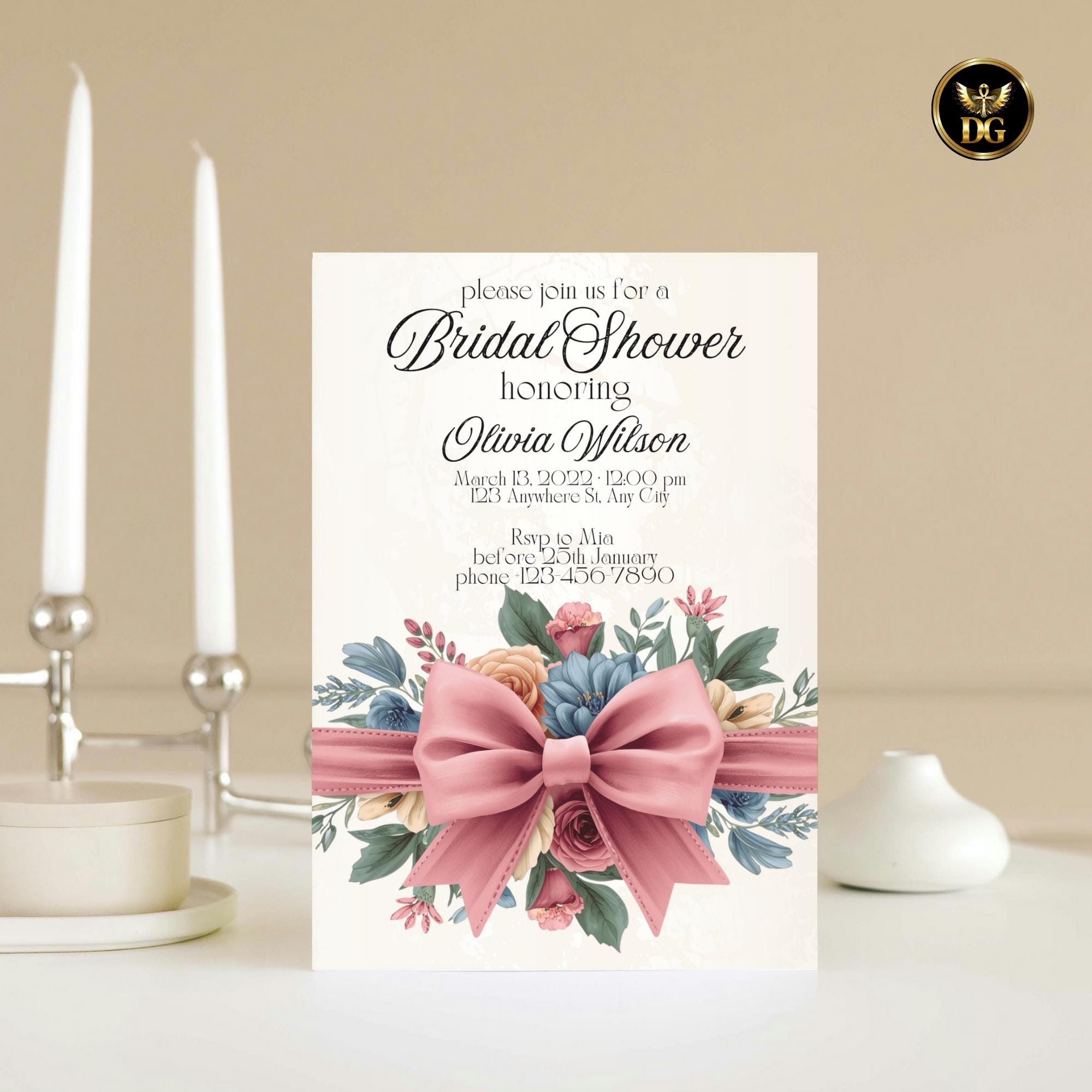 Blush Pink Bow Bridal Shower Invitation Bundle Cream Gold Floral Template | Editable Canva Wedding Shower Invite | Printable Stationery Set