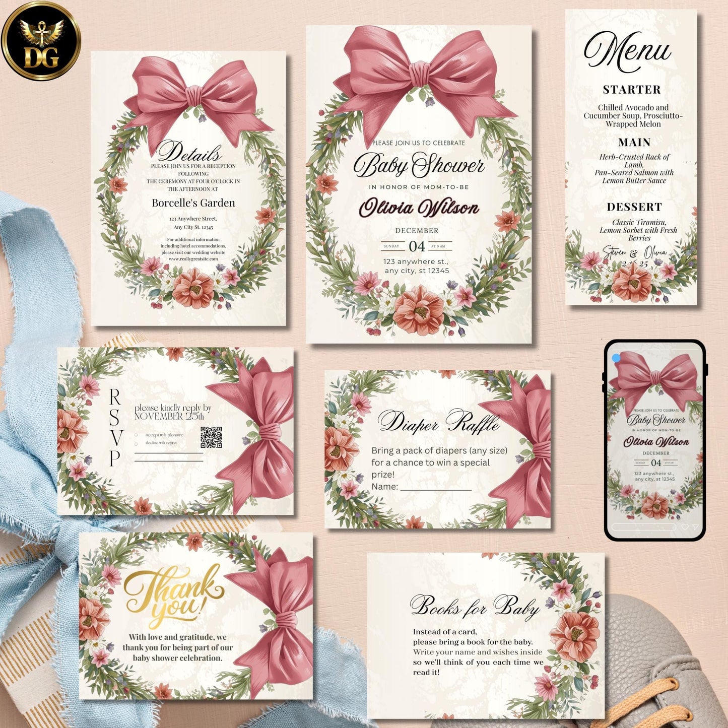 Baby Shower Invitation Pink Velvet Bow Floral Wreath Cream Gold Luxe Bundle Printable + Digital Canva Template