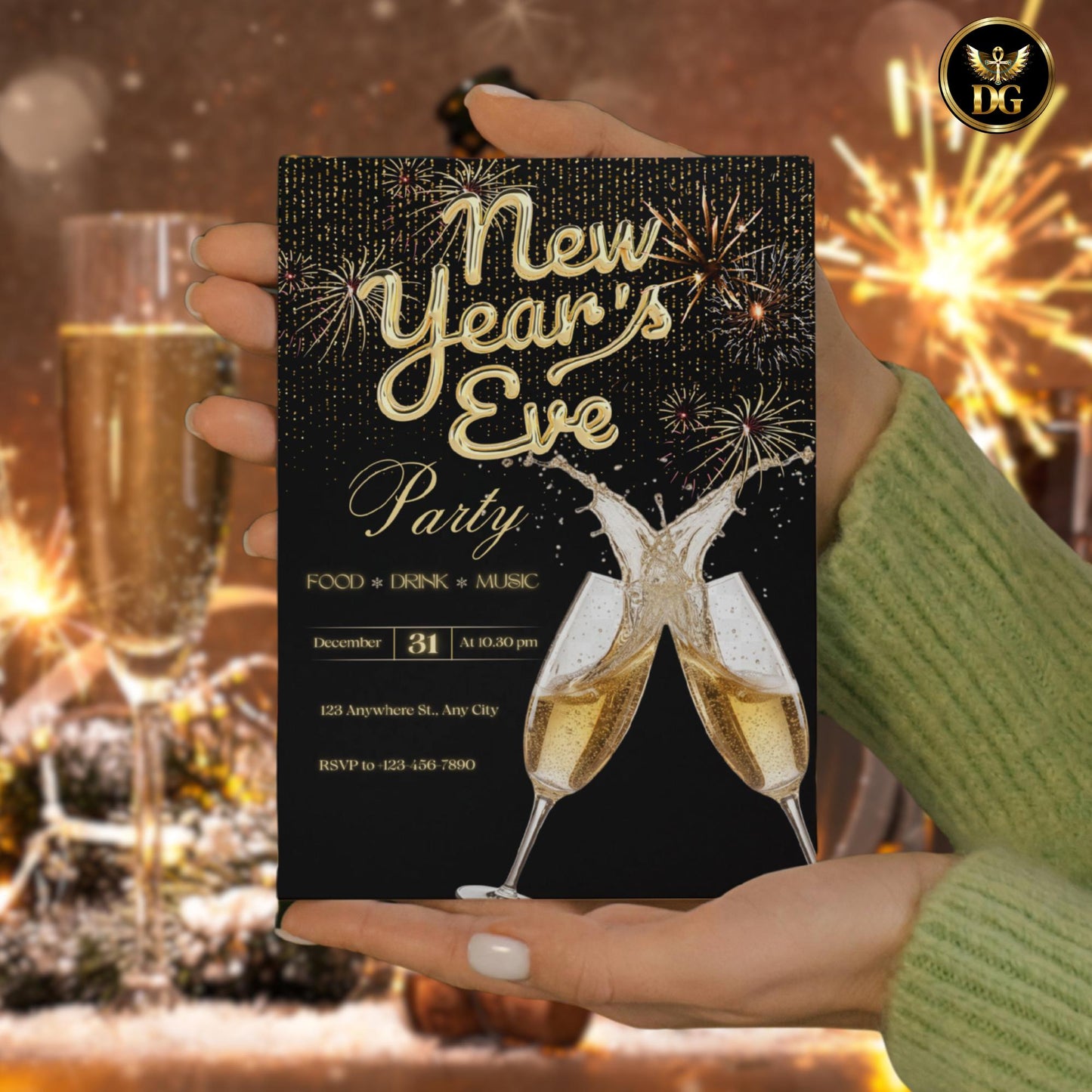 Black and Gold NYE Party Invitation Template | Editable Canva Digital Invite | Fireworks Champagne Luxury Set | Instant Download