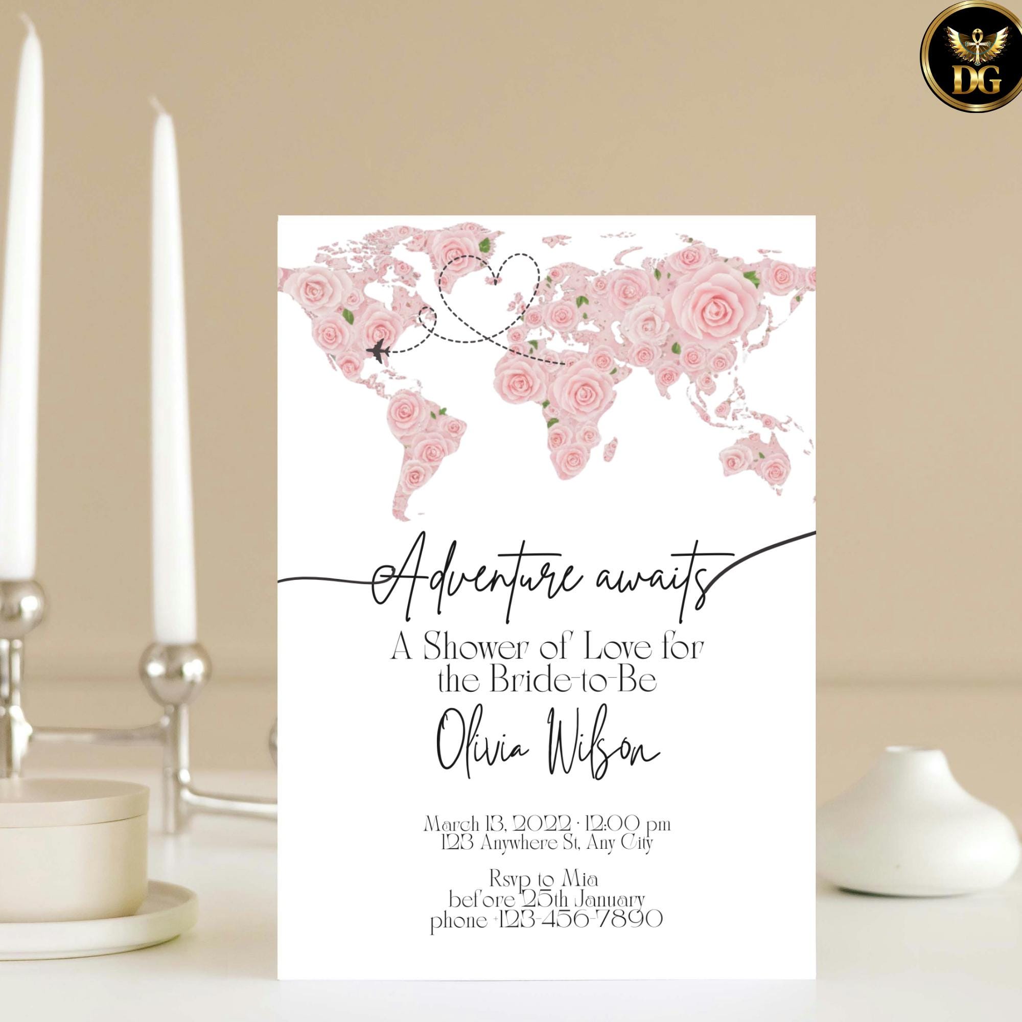 Bridal Shower Invitation Suite - Pink Floral Drawn World Map & Heart Flight Path - "Adventure Awaits" - Editable Canva Template