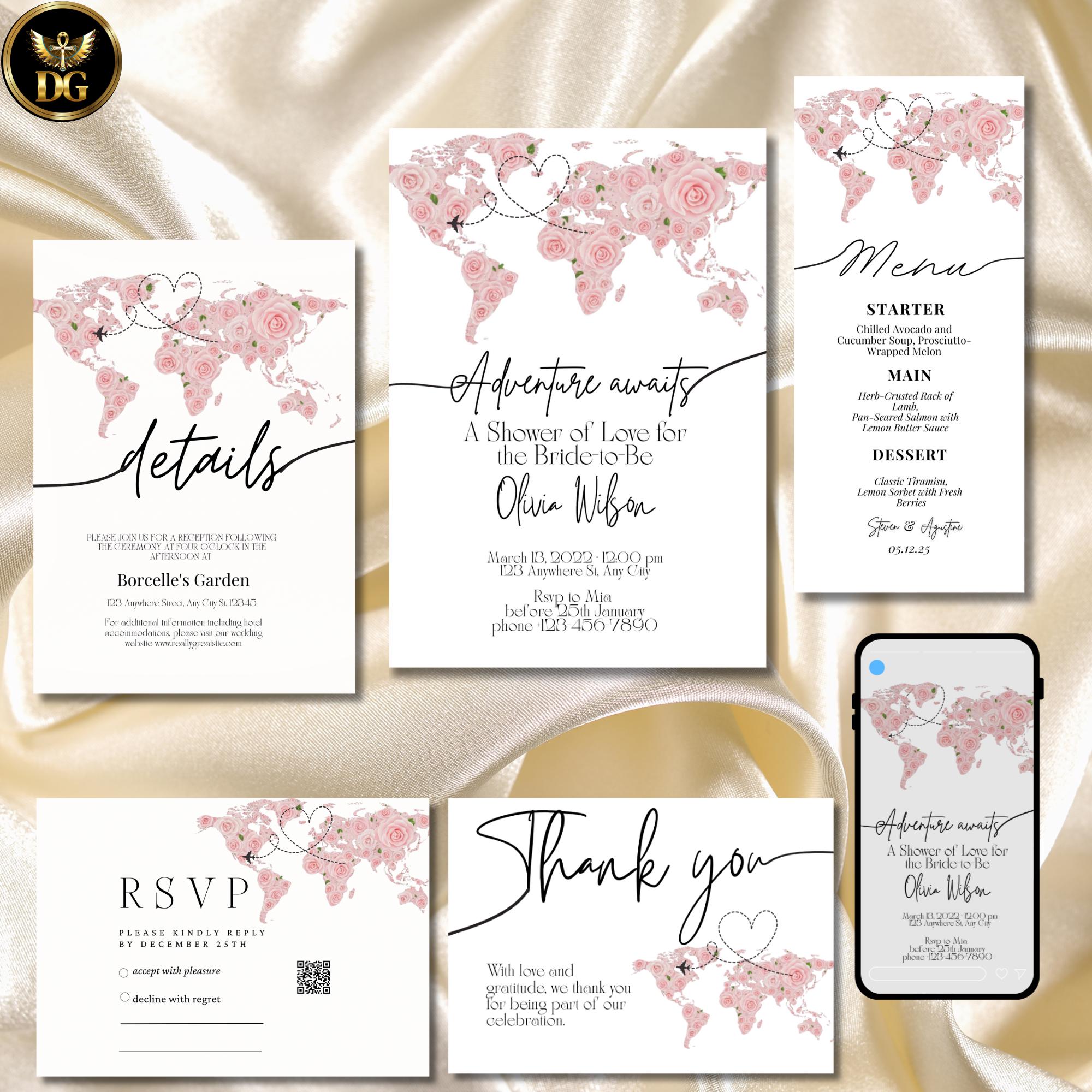 Bridal Shower Invitation Suite - Pink Floral Drawn World Map & Heart Flight Path - "Adventure Awaits" - Editable Canva Template