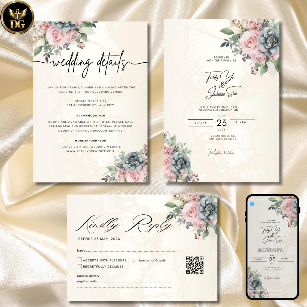 Blush Pink Floral Wedding Invitation Template, Editable Digital Suite, Printable Boho Invites & RSVP