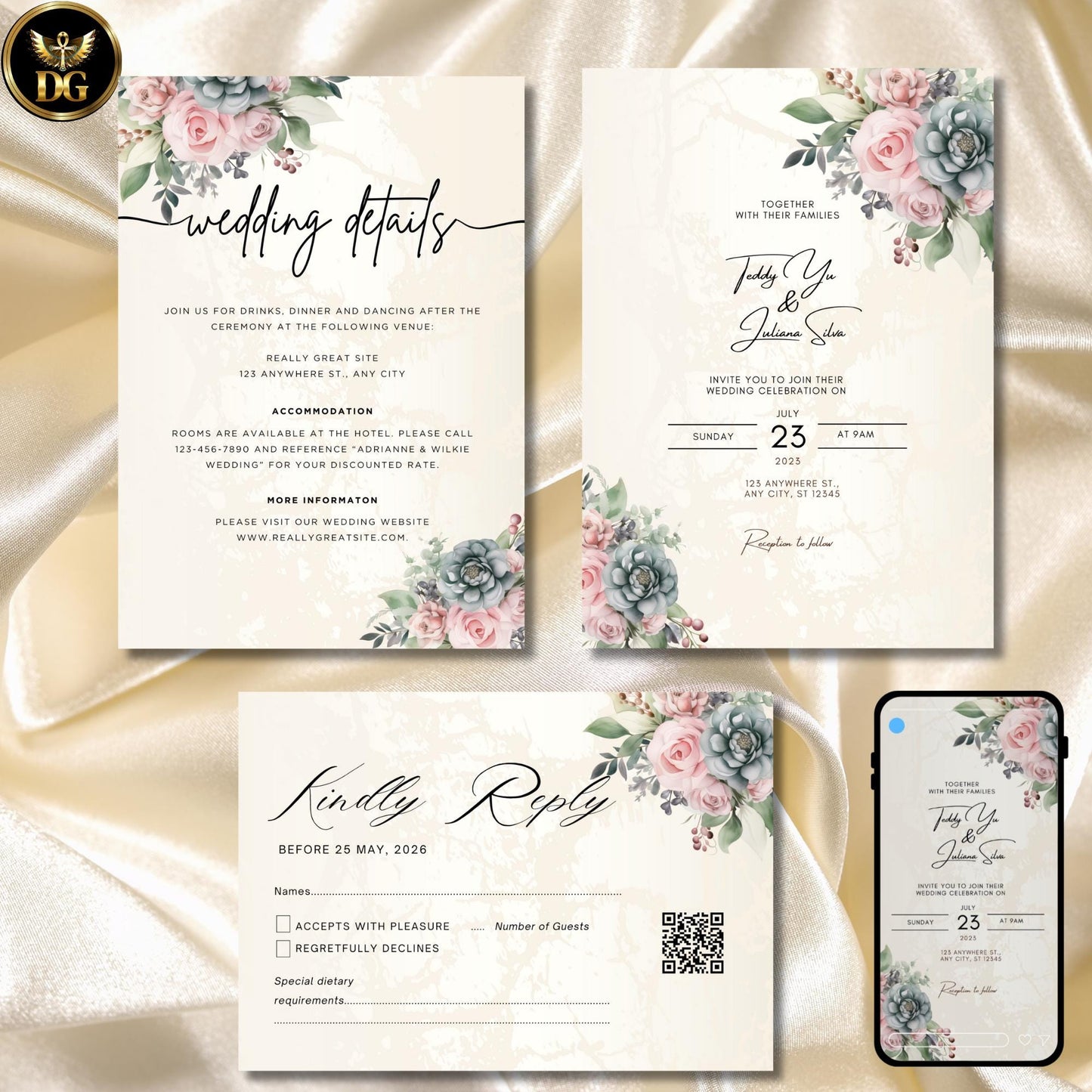 Blush Pink Floral Wedding Invitation Template, Editable Digital Suite, Printable Boho Invites & RSVP