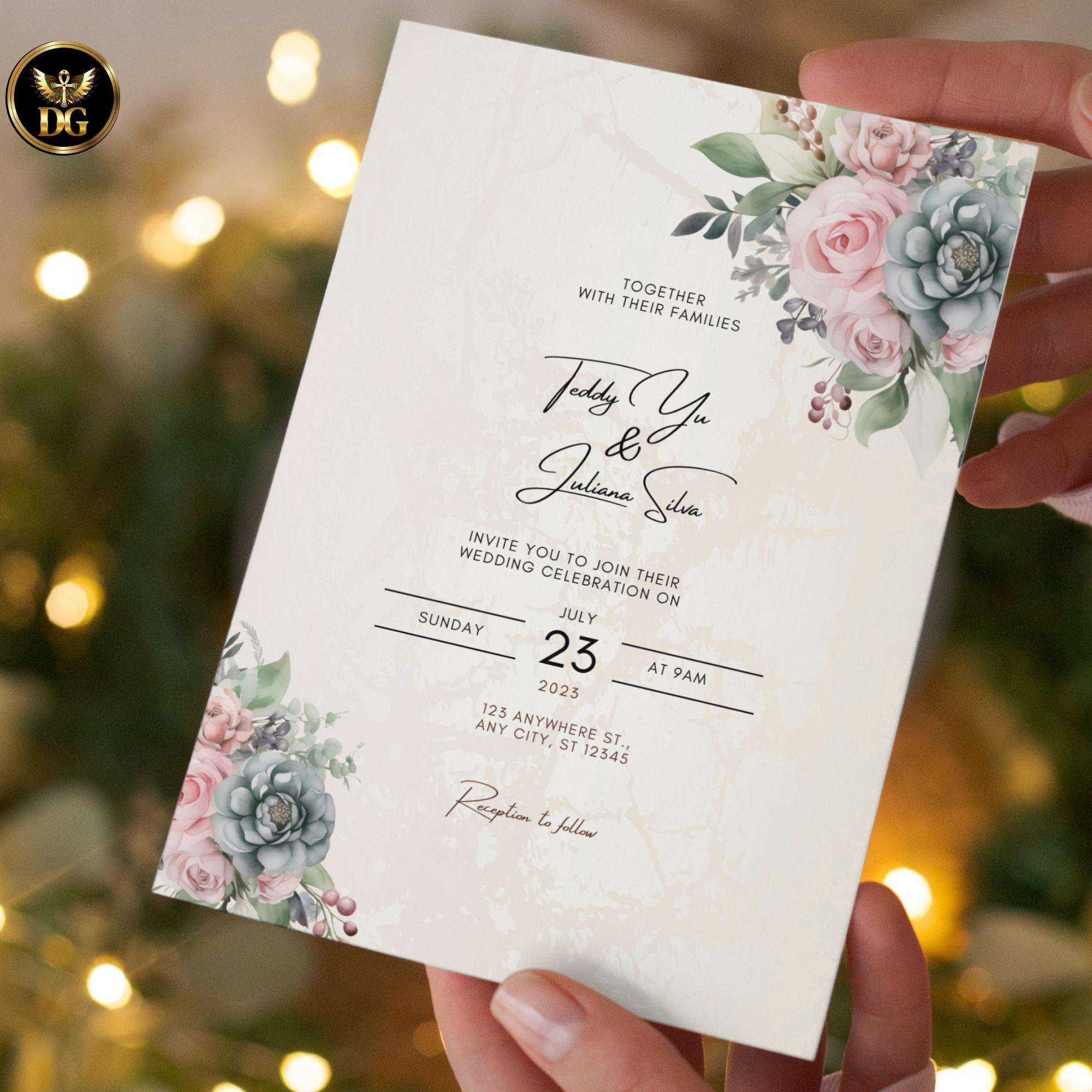 Blush Pink Floral Wedding Invitation Template, Editable Digital Suite, Printable Boho Invites & RSVP