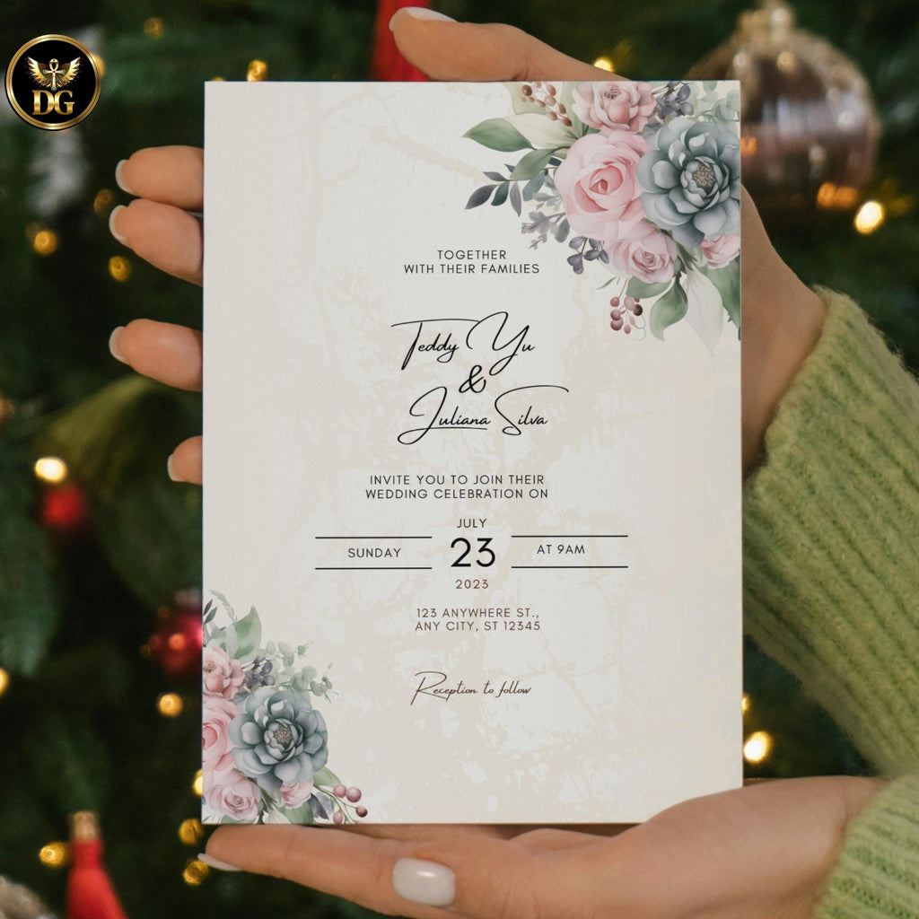 Blush Pink Floral Wedding Invitation Template, Editable Digital Suite, Printable Boho Invites & RSVP