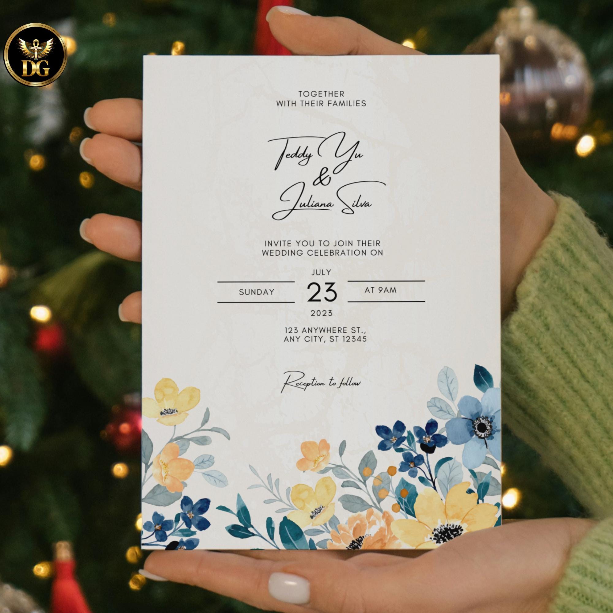 Boho Blue Yellow Floral Wedding Invitation Template, Editable Digital Suite, Blush Pink Accents & RSVP