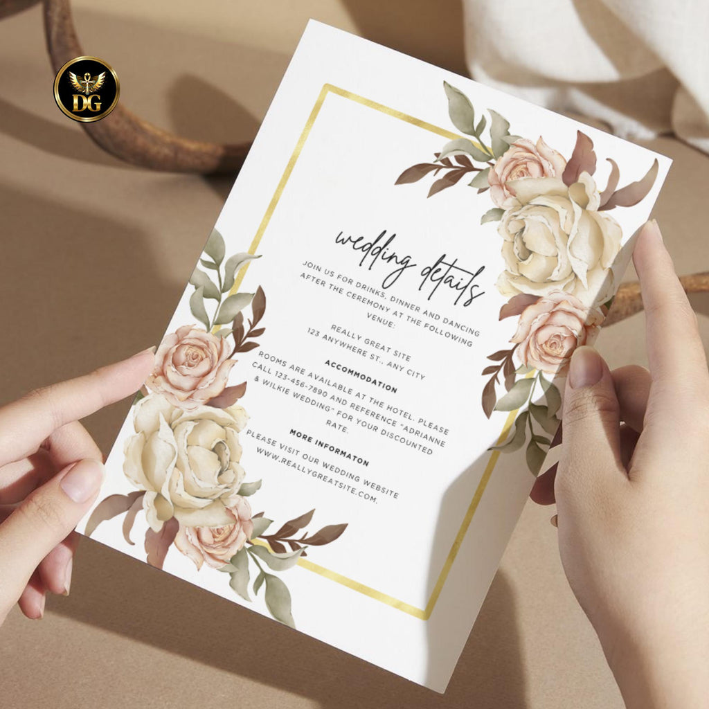 Beige Pink Floral Wedding Invitation Template, Gold Frame Digital Suite, Editable Printable Elegant White Background Invites & RSVP