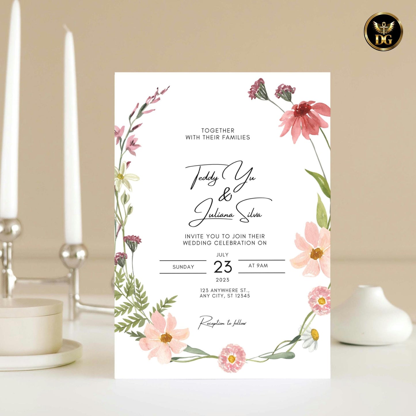 Wildflower Wedding Invitation Suite Editable Canva White Floral Wreath