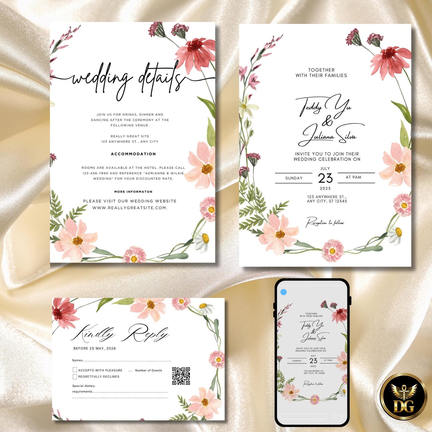 Wildflower Wedding Invitation Suite Editable Canva White Floral Wreath
